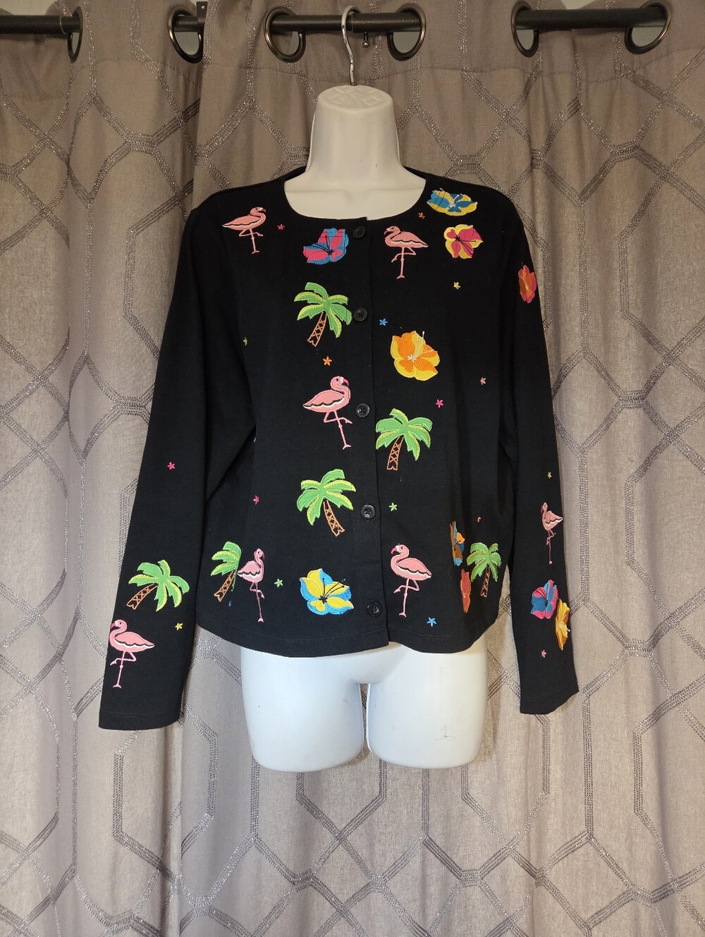 Vintage Michael Simon Tropical Flamingos Cardigan L